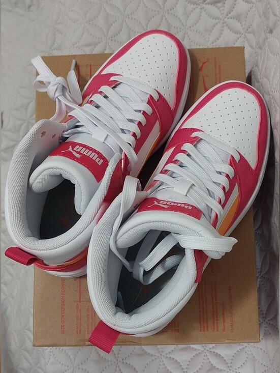 Puma Shoes - Puma Low-Top Sneakers in White and Pink with Yellow Accent